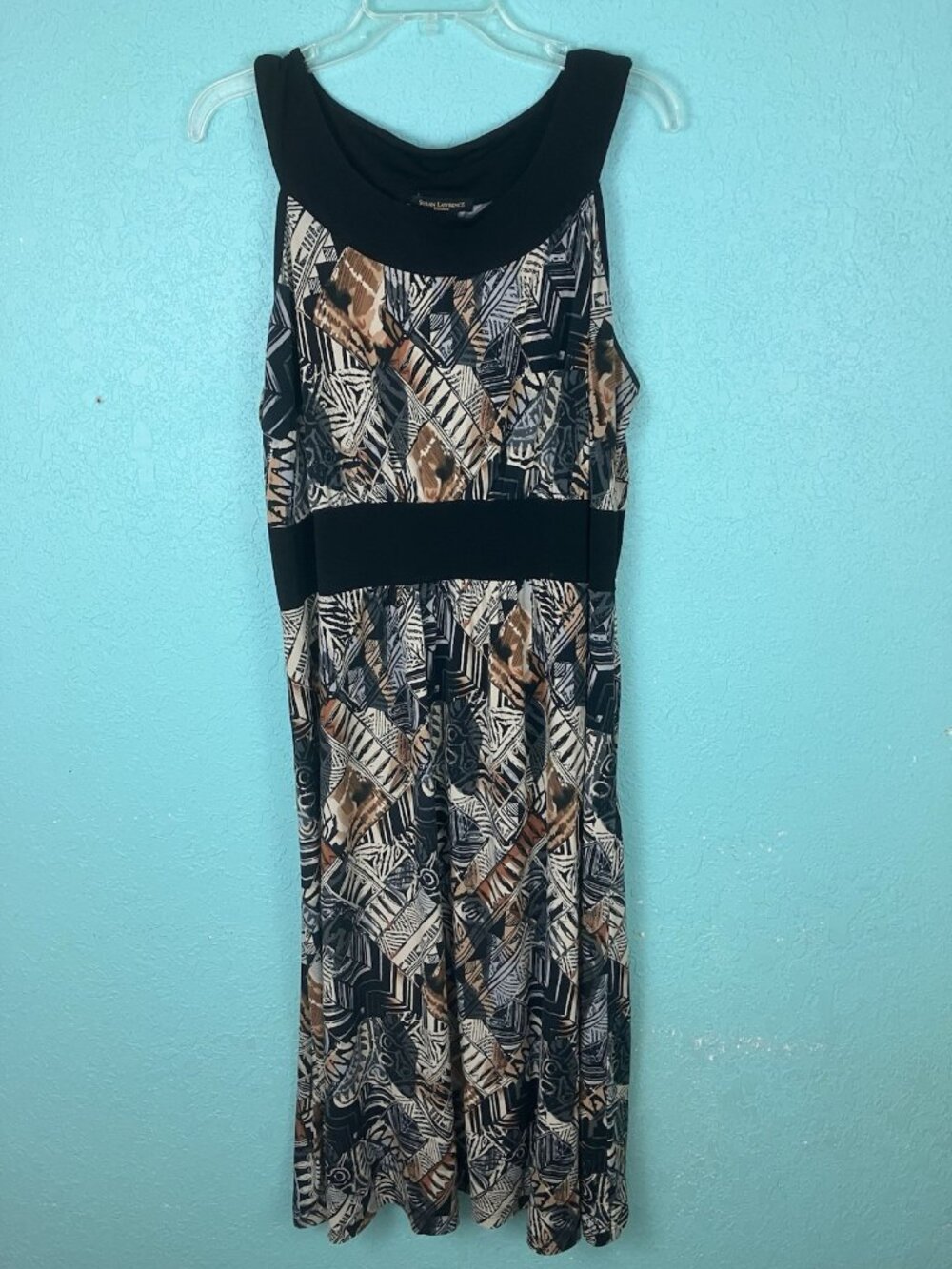 Susan Lawrence Sleeveless Dress Plus Size 2X Black Tan Blue Tribal Empire Waist